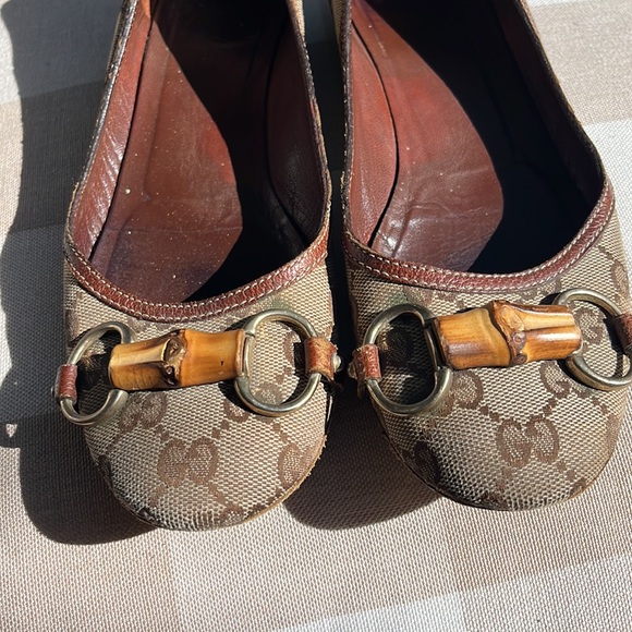 Gucci Logo Canvas Bamboo Horsebit Brown Ballet Flats - Picture 2 of 6
